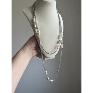 Sarah Coventry Caged Faux pearl Extra Long Station Necklace, Silver-tone 54”